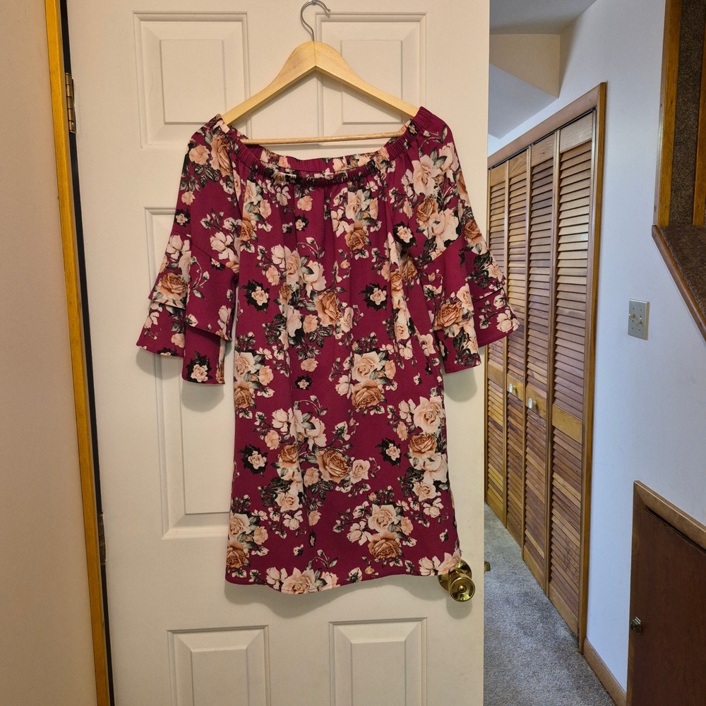 Xhilaration Burgundy Floral Off the Shoulder Mini Dress Tiered Bell Sleeve Small